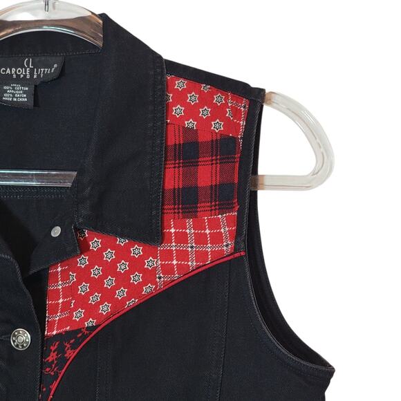 Carole Little Sport Red Black Patchwork Sleeveless Denim Button Down Vest Size L - Picture 4 of 9